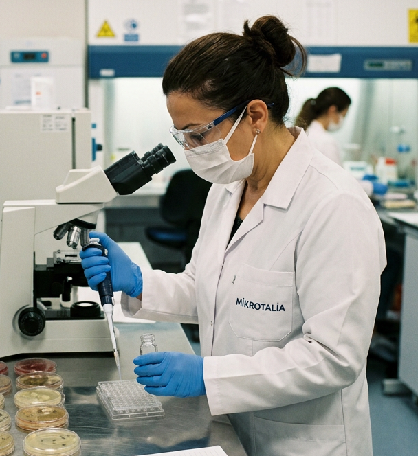 Masked laboratory technician using a microscope beside culture plates